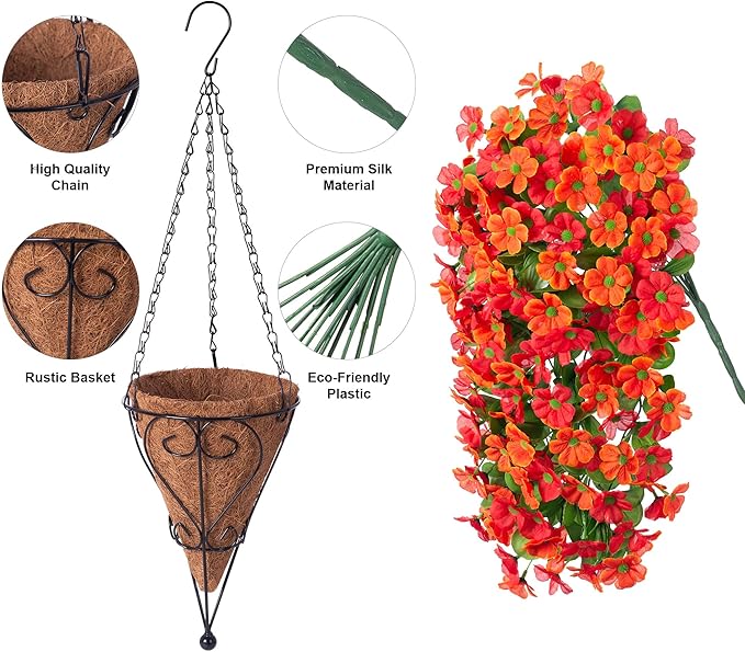 Artificial Hanging Flowers in 12 inch Basket, Fake Fall Plant Silk Orchid Flower Arrangement with Hanging Basket Daisy Planter for Patio Garden Porch Deck Summer Autumn Yard Decoration(Red Orange)
