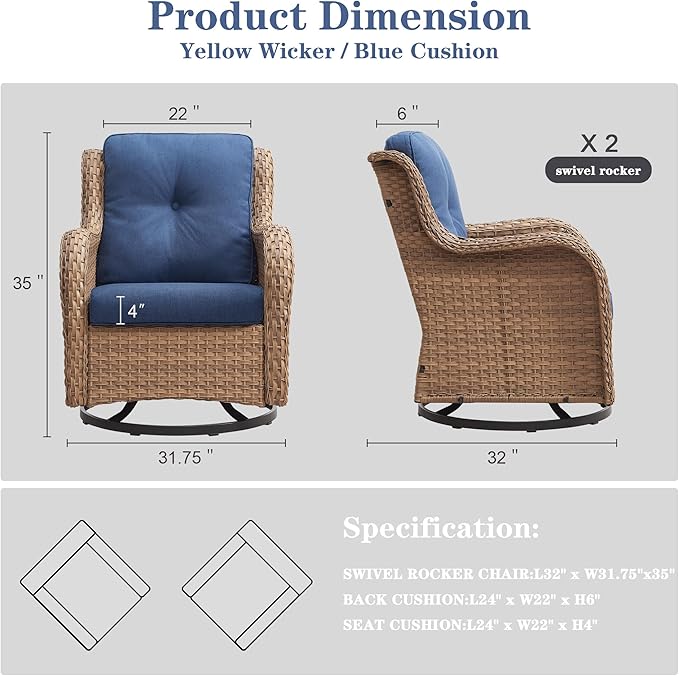 Outdoor Swivel Rocker Patio Chairs - 360 Degree Swivel Glider Seating 350LBS Weight Capacity Wicker Rocking Chairs Set of 2 with Removable Cushion for Porch Balcony Deck, Yellow/Blue