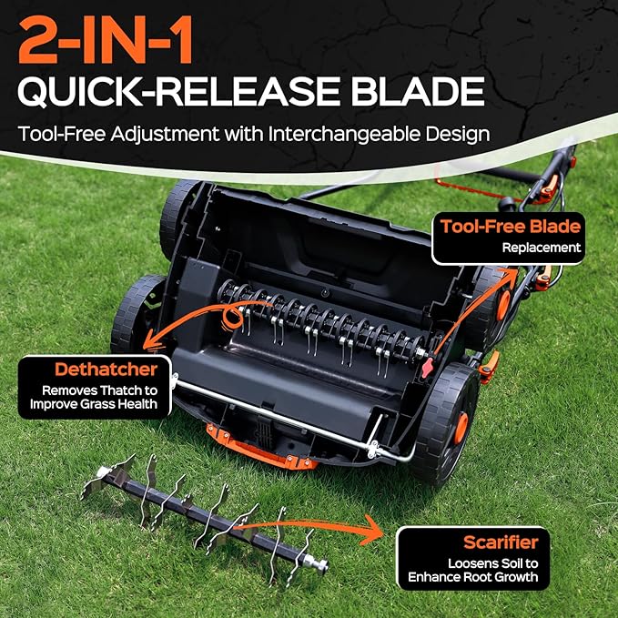 2025 Upgrade 16-Inch 15.5 Amp 2-in-1 Electric Dethatcher and Scarifier with 14.5-Gallon Collection Bag, Lawn Dethatcher with 5-Position Depth Adjustment, Keeps Lawn Healthy – Bright Orange