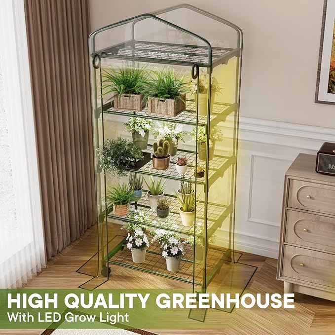 Indoor Greenhouse with Grow Lights & Wheels, 4 Tier Wire Shelf PVC Tent Portable Mini Green House Cabinet Kit for Plant Seed Starting