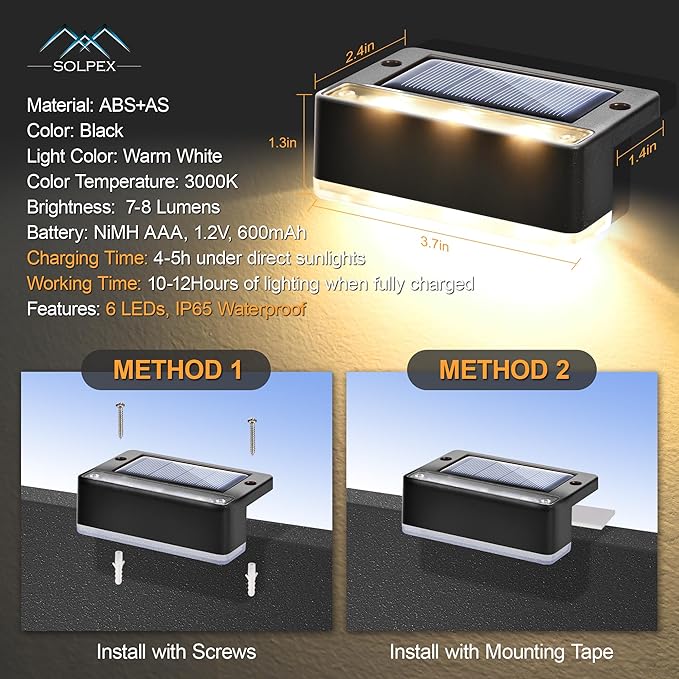 SOLPEX Solar Fence Lights, 6 LEDs Solar Lights Outdoor Waterproof Solar Powered for Deck, Stair, Front Porch, Balcony, Walkway, Garden, Yard, Patio, Pool Decor, IP65 Waterproof (16 Pack, Warm White)