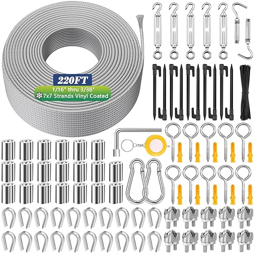 220 FT 1/16" Wire Rope Kit 304 Stainless Steel Cable with M5 Turnbuckles for Cables Wire, Vinyl Coated String Lights Hanging Wires for Outdoor Camping, Trellis, Garden, Clothes line, Curtain, Picture