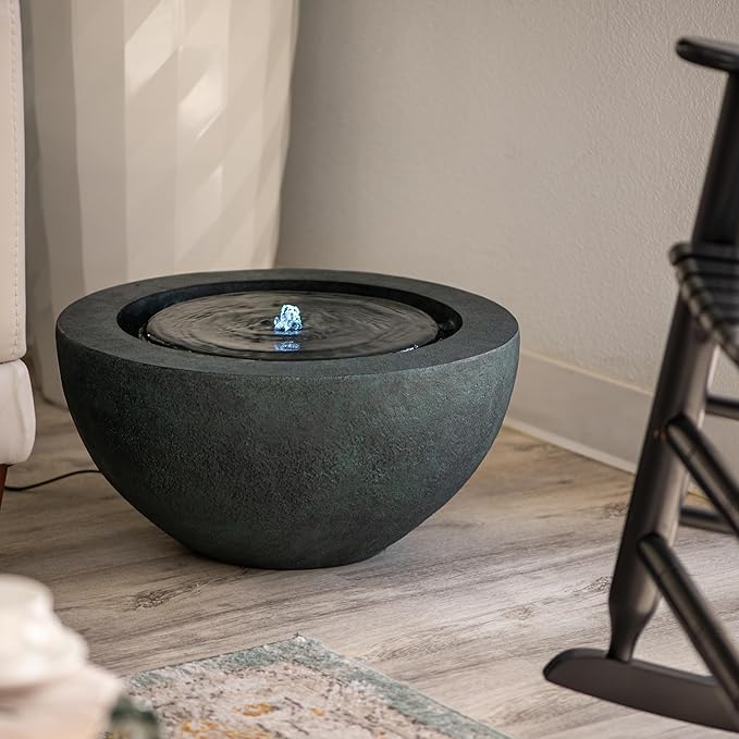 Xbrand 19.8" W Round Polyresin Indoor/Outdoor Sphere Water Bowl w/LED Light, Patio Water Fountain Decor, Dark Green, AMS3542-2