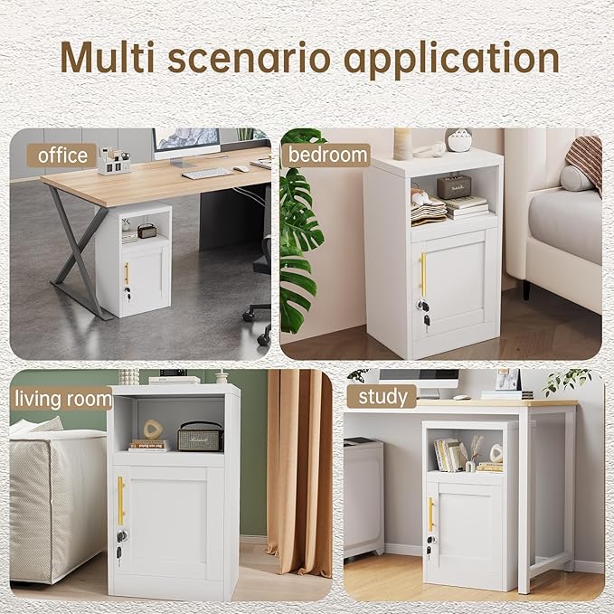 27" Metal Nightstand with Locked Doors, Small Sidetable with 1 Storage Shelf, Storage Cabinet for Bedroom, Metal End Table for Home, Office White