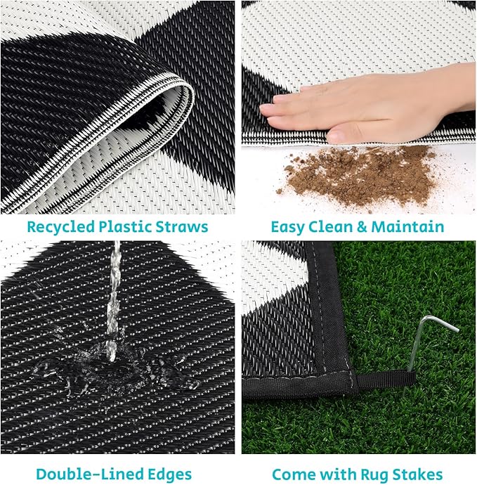 HEBE Outdoor Rug Waterproof 8x10, Reversible Plastic Straw Rug RV Camping Rug, Indoor Outdoor Patio Mat Clearance, Outside Carpet for Porch,Deck,Camper,Balcony,Backyard,Picnic