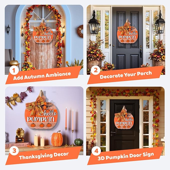 3D Hello Pumpkin Wooden Fall Wreath for Front Door | Fall Autumn Hanging Decor with Bow & Wreath | Farmhouse Harvest Thanksgiving Decor for Porch, Wall | Indoor Outdoor Home (Color-Pumpkin-D)