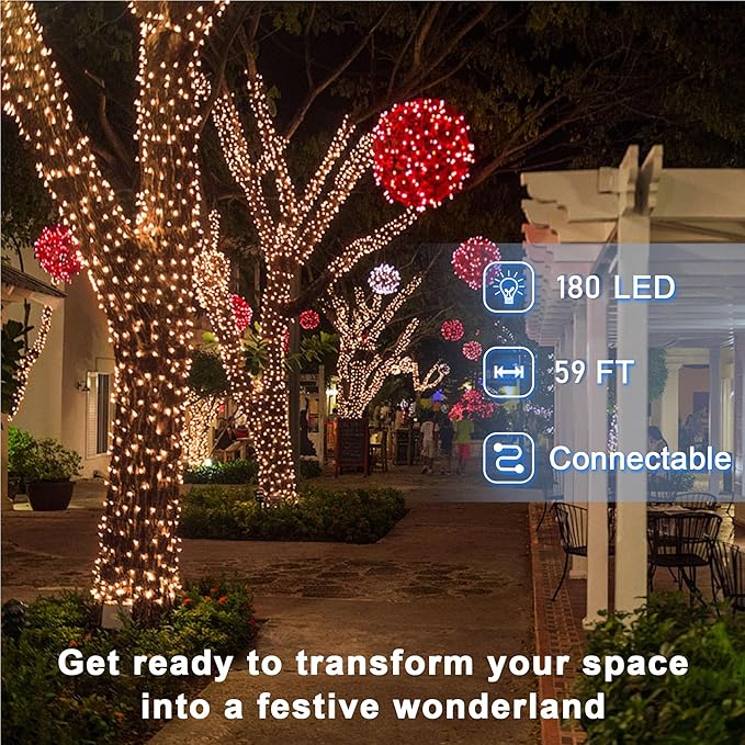 180 LED 59FT Fairy String Lights, LED Christmas Lights with 8 Modes, Connectable Indoor String Lights with Timer Memory for Outdoor Tree Fence Garden Bedroom Wedding Christmas Decorations Warm White