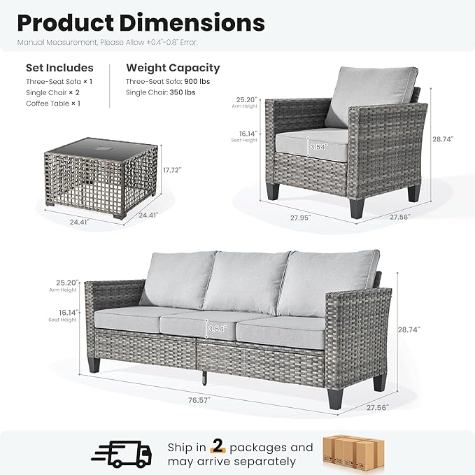 ovios 4 Pieces Patio Furniture Set Outdoor Sofa Couch with Solar Lights Table Comfy Cushions, Modern Deep Seat Wicker Rattan Conversation Set for Porch Deck, Grey
