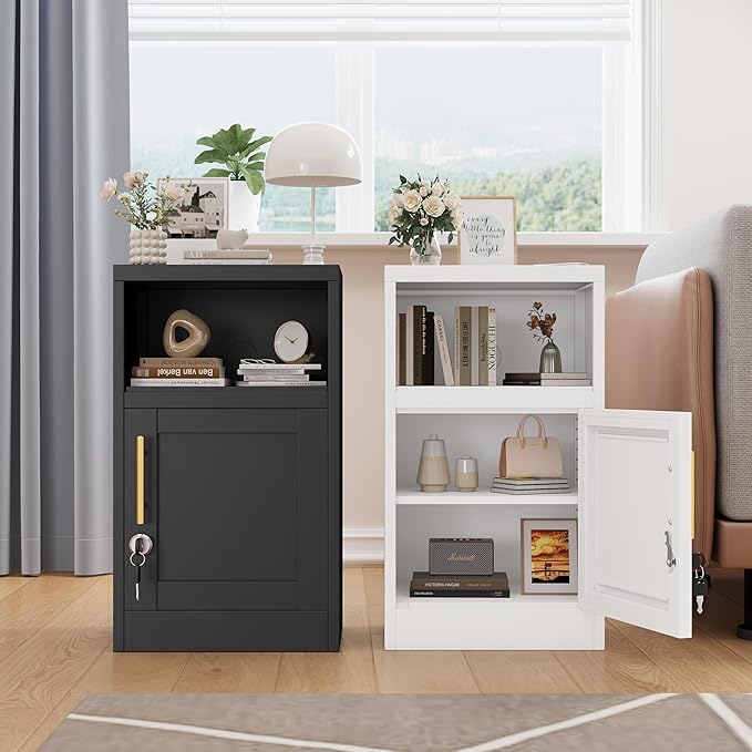 27" Metal Nightstand with Locked Doors, Small Sidetable with 1 Storage Shelf, Storage Cabinet for Bedroom, Metal End Table for Home, Office White