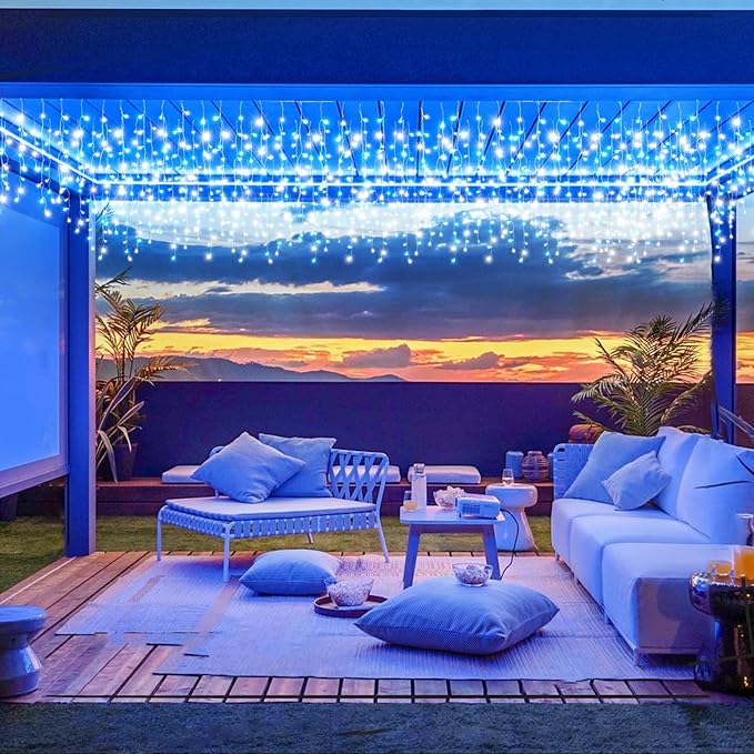 66ft Icicle Lights for Outside, Blue and White Christmas Lights Outdoor Indoor, 640 LED Twinkle String Light with 120 Drops Short Curtain Lights for Thanksgiving Room Home Wall Bedroom Window Decor