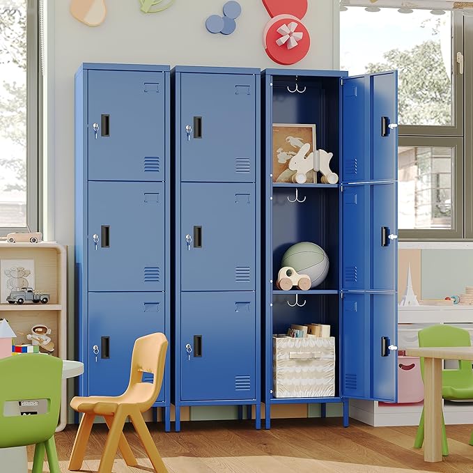 METAN Metal Storage Employees Lockers with 3 Lockable Doors and Hooks,66''H*16''W*16''D Locking Storage Cabinets for Small Spaces,Home,School,Gym,Assembly Required,Blue
