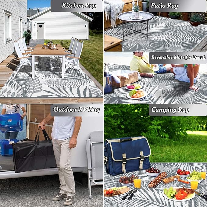 HiiARug Outdoor Reversible Plastic Straw Rug, 9'x12', Cool Gray, Large Patio Mat for RV, Backyard, Deck, Picnic, Beach, Trailer, Camping