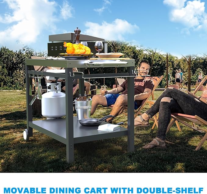 LS'BABQ Outdoor Grill Table Cart, Pizza Oven Stand, BBQ Prep Table with Trash Bag Holder Wheels & Hooks, Double-Shelf Movable Food Prep and Work Stand, Stainless Steel Flattop Grill Cart