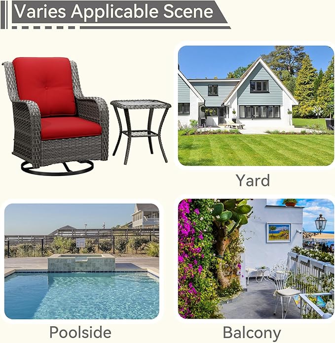 2 Pieces Outdoor Swivel Rocker Patio Chairs Set - Outdoor Wicker Patio Conversation Sets with 1 Side Table, Olefin Fabric Cushions Suitable for Backyard Deck and Porch,Red