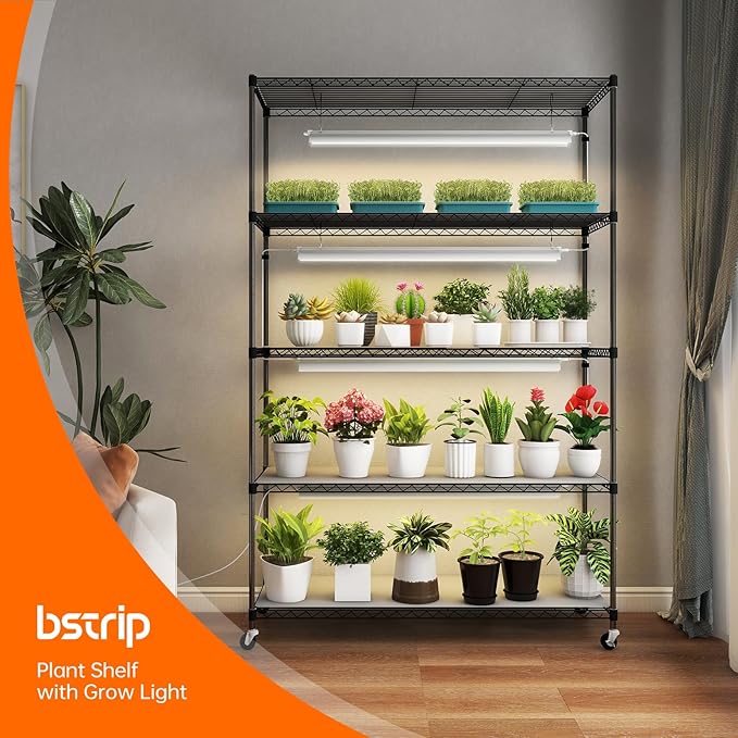 Plant Shelf with Grow Lights, 5 Tier Large Tall Plant Stand with 3FT T5 144w Grow Light for Indoor Plants, 3 Mode Full Spectrum LED Plant Light with wheel and Timer for Seedling, 47.2x17.8x71IN