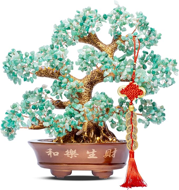 Natural Aventurine (1,251 Gemstone Count) Chakra Crystal Tree with Healing Properties - Home & Office Bonsai Feng Shui Money Tree Decoration for Luck, Success and Intelligence - 14"