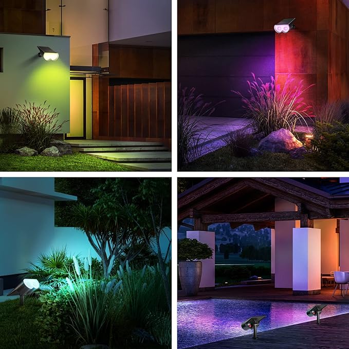Consciot Solar Spot Lights Outdoor, Halloween Decorations 22 LEDs IP67 Waterproof Color Changing Solar Outdoor Lights, 8 Colors, 2-in-1 Adjustable Wall Lights for Garden Yard Pathway, 2 Pack(RGB)