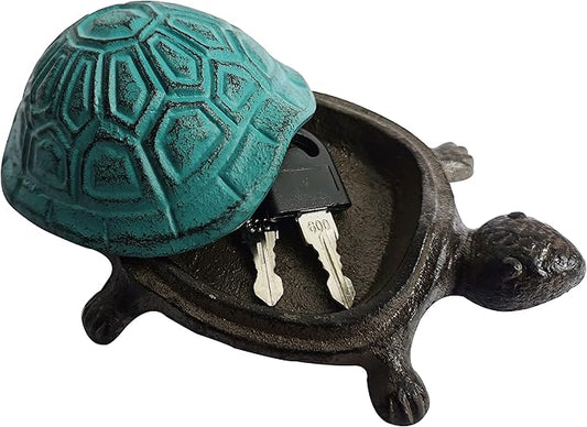 BSTGIFTS Cast Iron Turtle Key Hider - Spare Key Holder - Garden Decoration Turtle, Jewelry Trinkets Box for Key, Ear Studs, Ring, Paper Clip (Antique Blue)