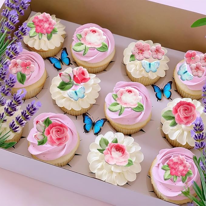 100 Pcs Edible Flowers Cupcake Toppers Cake Decorations Wafer Paper Pink Rose & Cherry Blossom & Butterfly for Wedding Cakes Birthday Parties