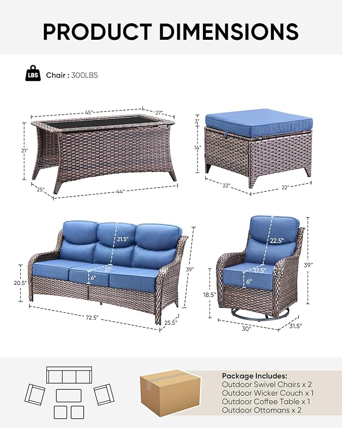 HUMMUH Wicker Patio Furniture Set 6 Inch Thick Cushion Outdoor Swivel Rocker Patio Chairs with Deep Seat Sofa 6PCS Outdoor Furniture Set for Porch Garden Deck