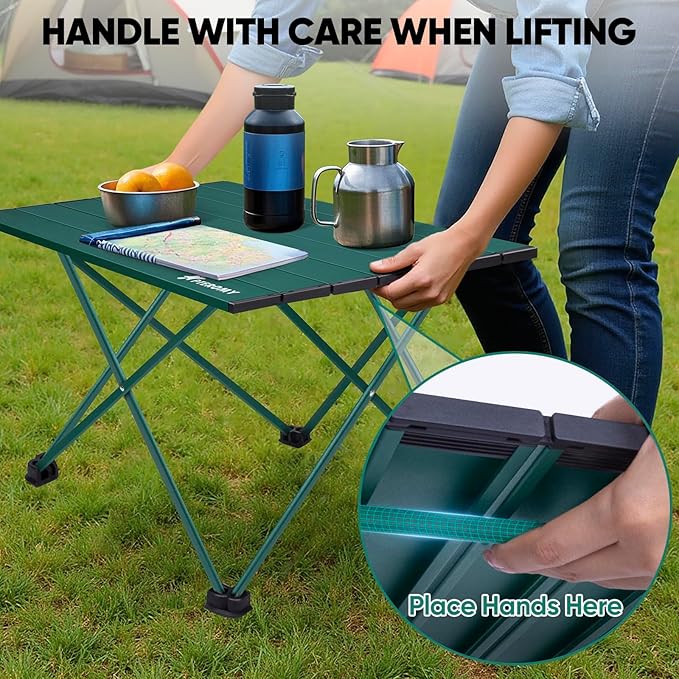 PTEROMY Small Folding Camping Table, Portable Beach Table with Ultralight Aluminum Tabletop for Travel, Outdoor, Camping, Picnics, and BBQs (Green)