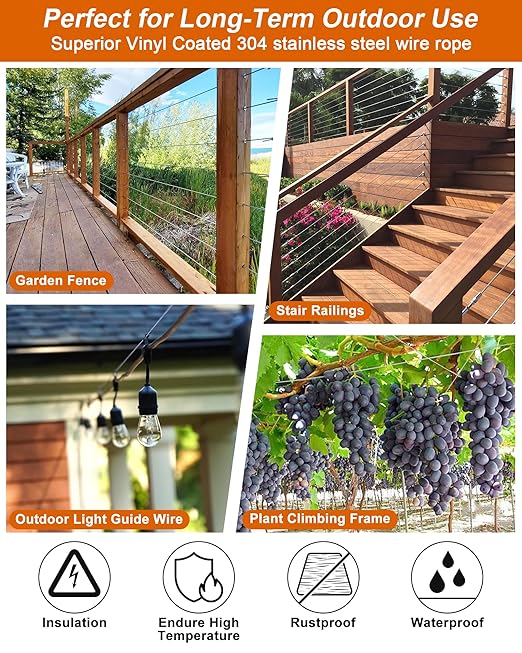 220 FT 1/8" Wire Rope Kit, 304 Stainless Steel Cable with M5 Turnbuckles for Cables Wire, Vinyl Coated String Lights Hanging Wires for Outdoor Camping, Trellis, Garden, Clothes line, Curtain, Festival