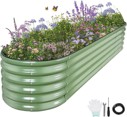 Galvanized Raised Garden Bed - 8x2x1.4FT Metal Planter Boxes Outdoor | Oval Steel Raised Bed Kit for Gardening with Protective Tape, Bracing Rods, Gloves for Vegetables, Flower, Herb (Green)