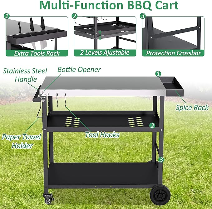 Spurgehom Outdoor Grill Cart, Pizza Oven Stand Table with Wheels Dining Cart for Outside Patio, Movable Kitchen Cooking Prep Table BBQ Cart with Mesh Racks for Home Party, Bar, Camping