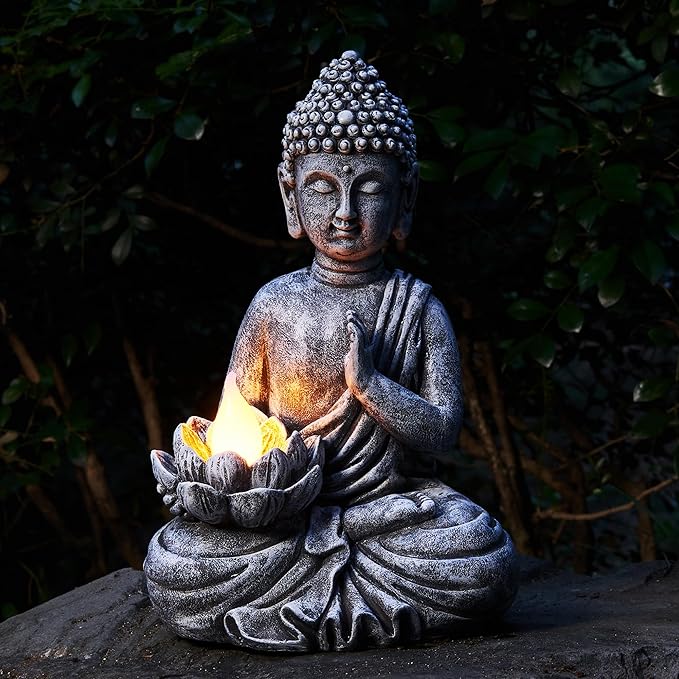 Solar Buddha Statue - Outdoor Zen Sculpture With Flickering LED Lotus Light - Waterproof Garden Decor Gift - 11.81 Inch
