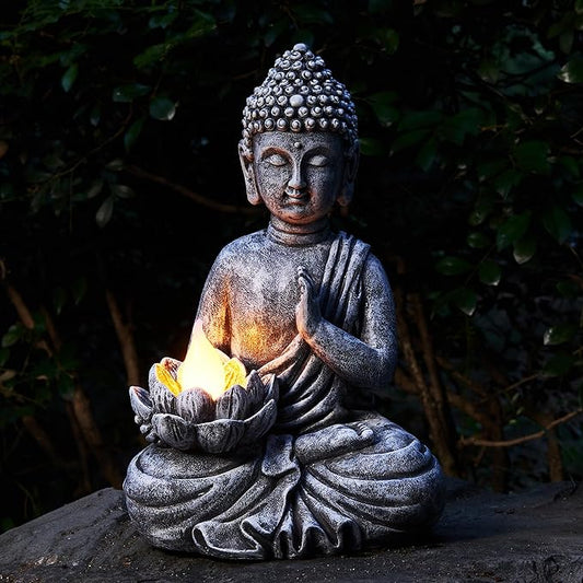 Solar Buddha Statue - Outdoor Zen Sculpture With Flickering LED Lotus Light - Waterproof Garden Decor Gift - 11.81 Inch