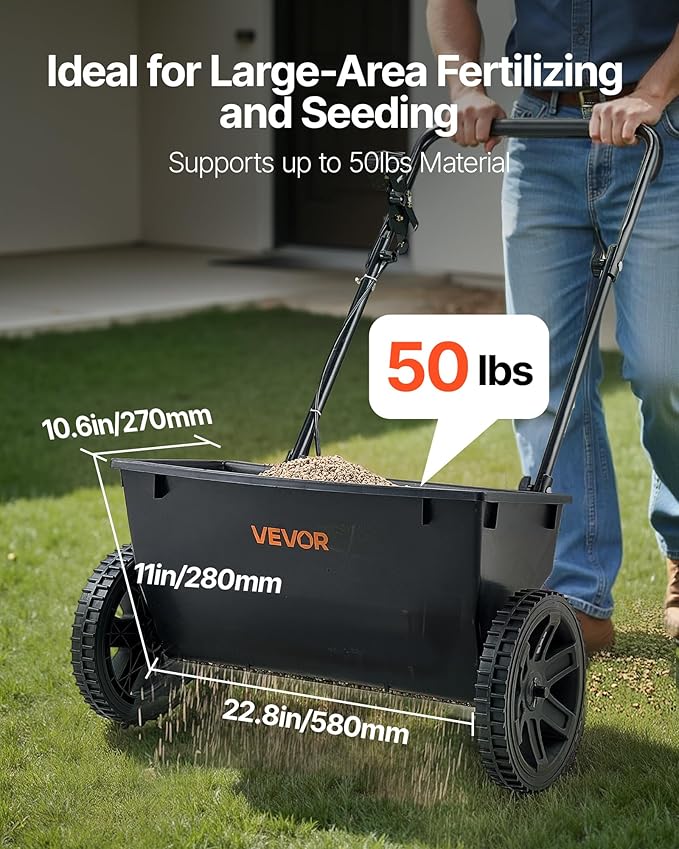 VEVOR Broadcast Spreader, 50LBS Capacity, Walk-Behind Push Spreader, 18 in Spreading Width, 8 in All Terrain Pneumatic Tires, Lawn Spreaders with Hopper Grate, for Seed, Fertilizer, Ice Melt