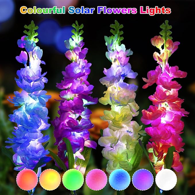 Solar Garden Lights, 6 Pack 20 LEDs Solar Delphinium Flowers Lights Gifts for Mom Grandma Women, Waterproof Solar Outdoor Lights Two Lighting Modes for Wedding Garden Yard Patio Decor