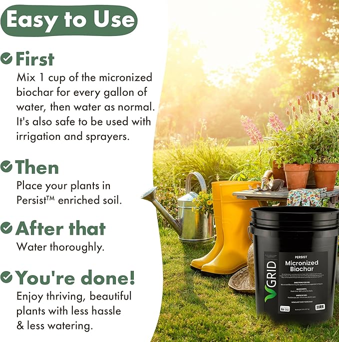 Persist Micronized Biochar Soil Amendment for Plants, for Use with Sprayers and Drip Line Systems, Improves Plant Soil, 100% Natural Active Carbon and Garden Plant Fertilizer (5 Gal)