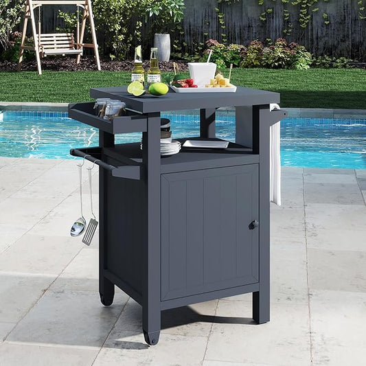 Grill Cart Outdoor with Storage Cabinet, Portable Rolling Patio Bar Cart with Wheels, BBQ Prep Table, Movable Stainless Steel Kitchen Island Dining Cart for Food/Drink/Cooking -Grey
