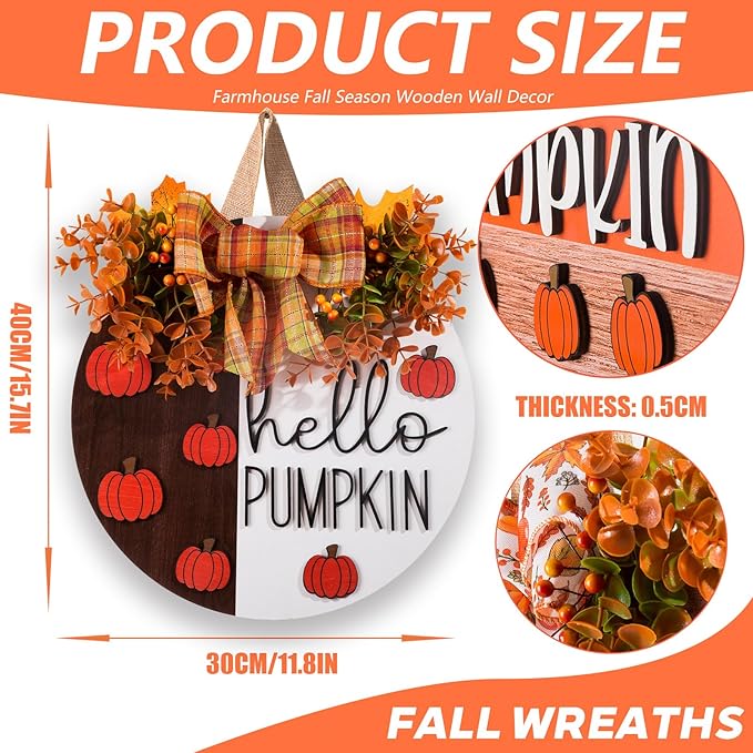 Hello Pumpkin Wooden Door Hanger Fall Outdoor Wreath with Bow & Wreath | Thanksgiving Fall Front Door Decor | Rustic Harvest Farmhouse Sign for Porch, Wall | Indoor Outdoor Autumn Home Decor