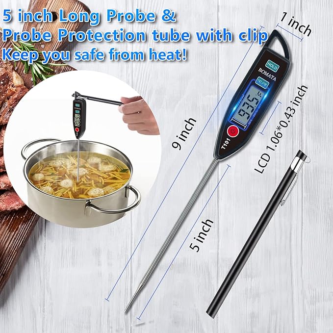 BOMATA Digital Water Thermometer for Water, Liquid, Candle and Cooking. Instant Read Food Thermometer Waterproof IPX7 with Long Probe for Cooking, Meat, BBQ! T101 (Black Color)…