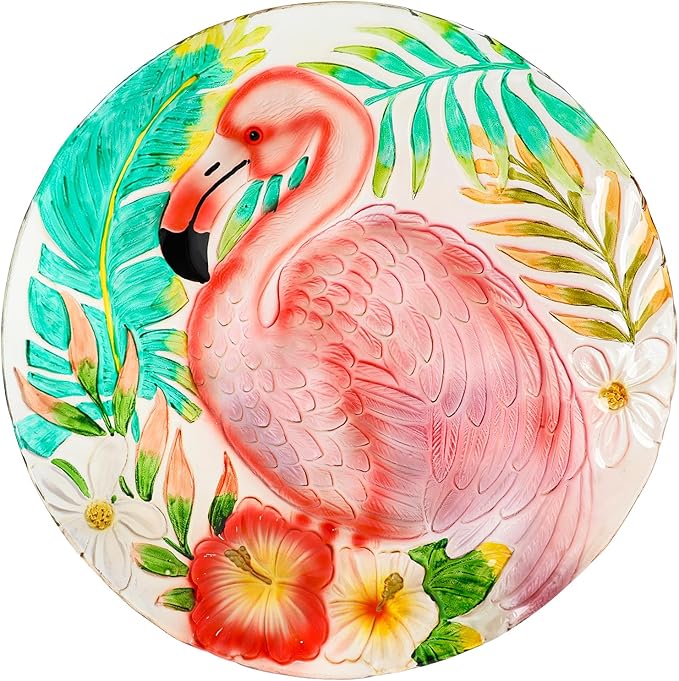 MUMTOP Outdoor Glass Birdbath with Metal Stand for Outside Yard Garden Decor, 18 inch Diameter Flamingo Bird Baths Bowl for Outdoors, 21.65 inch Height