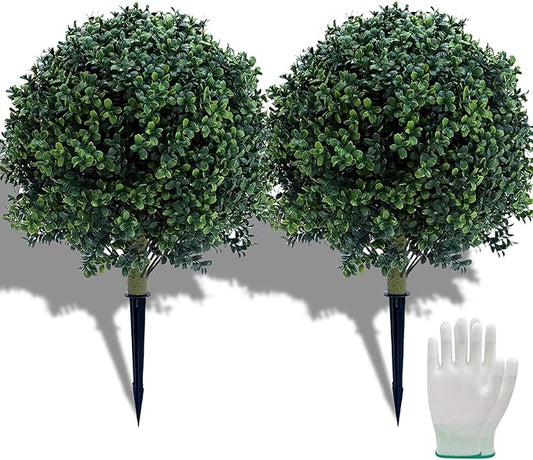 23.6 Inches Set of 2 Artificial Boxwood Topiary Ball Tree with Ground Spike, Faux Bushes UV Resistant Faux Greenery Shrubs, Fake Boxwood Plants for Indoor, Front Porch Decor, Garden, Yard