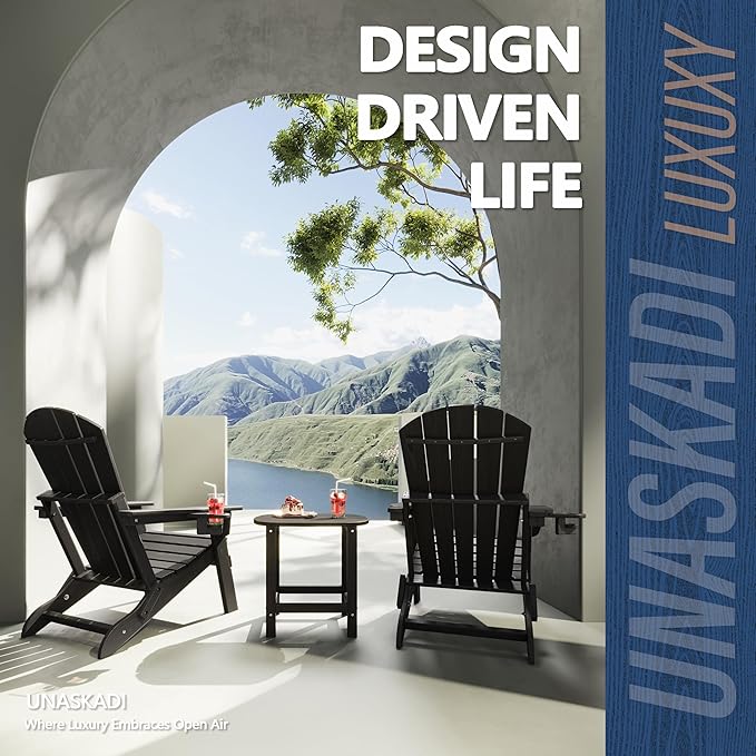 Folding Adirondack Chair Set of 2 with Cup Holder, HDPE All Weather Resistant Plastic Outdoor Patio Chairs, Heavy Duty Fire Pit Seating for Backyard Lawn Garden, Wooden Textured Design(Black)(Black)