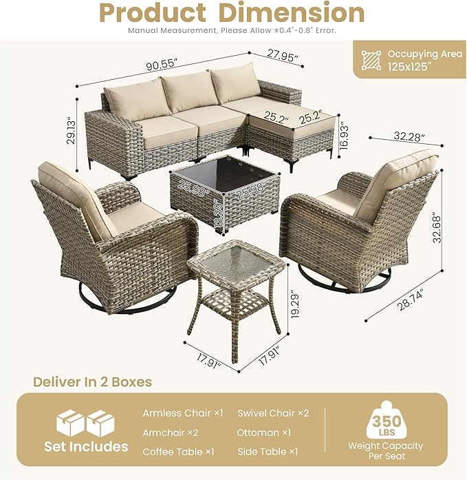 HOOOWOOO Outdoor Sectional Furniture Set,8 Pieces Wicker Patio Conversation Sets,L Shape All Weather Outside Couch Sofa Set with Swivel Chairs Solar Light Table Ottoman,Beige
