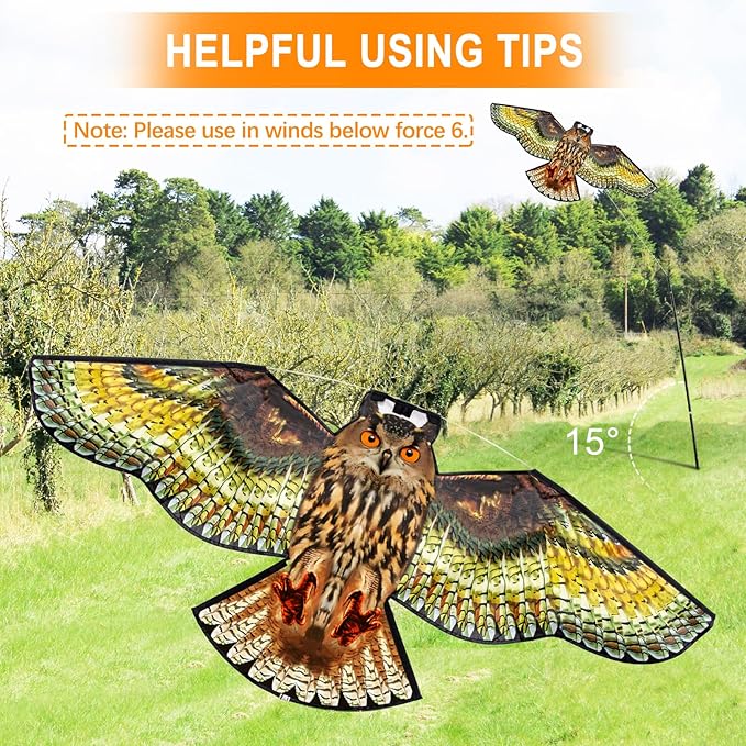 Bird Hawk Flying Kite with Pole Crop Protector Bird Scare Kites with 4m Pole - Owl Kite