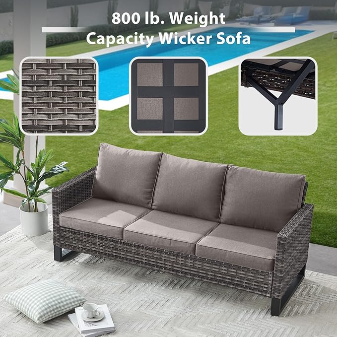 7 Piece Wicker Patio Furniture with Fire Pit Table - Outdoor Conversation Set with 50,000 BTU Fire Pit, All Weather Rattan Patio Set for Deck Backyard Garden - Grey Wicker Grey Cushion