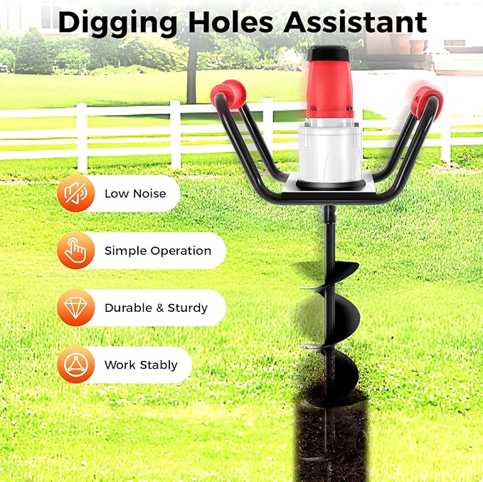 Post Hole Digger, 1500W Electric Post Hole Auger Earth Auger Digging Dril Digging Machine with 6" Digging Auger Bit and Extension Bar Set for Planting, Trenching in Garden (1500W,1x6" Drill)