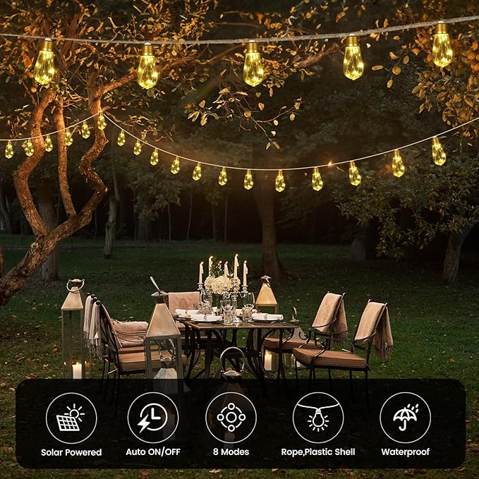 Solar Outdoor String Lights 2PCS 24FT Vintage Rope Hemp Solar Lights with 20 Shatterproof Bulbs,8 Modes Solar Powered Lights with Memory Function,Waterproof for Fence,Yard,Camping(Warm White)