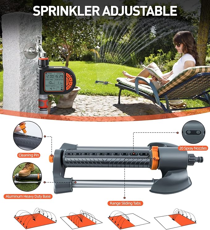 Oscillating Sprinkler with Irrigation Timer, Adjustable Sprinklers for Yard Large Area, Cover up to 3,600 sq. ft, Programmable Water Sprinkler Timer, Rain Delay Lawn & Garden Sprinklers Timer