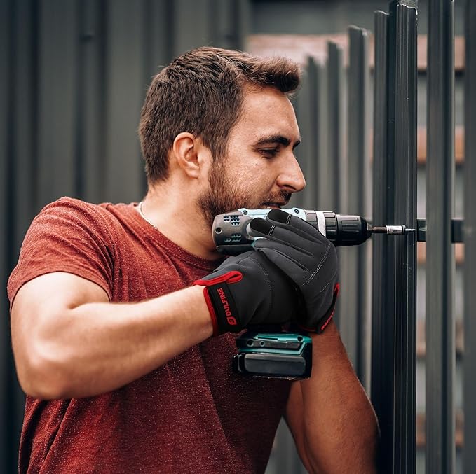 DULFINE Flex Grip Mechanic Work Gloves for Men,Black and Red Utility Safety Working Gloves Touch Screen,Excellent Grip,Ideal for Working on Cars and Outdoor Jobs(Small)