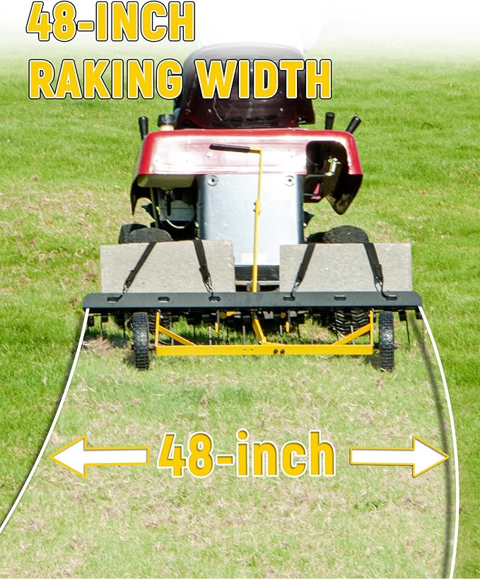 48 Inch Tow Behind Dethatcher, Pull Behind Lawn Dethatcher with 24 Spring Steel Tines, Grass Dethatcher, Removes Thatch, Riding Lawn Tractor for Large Lawns, Yard and Garden Care