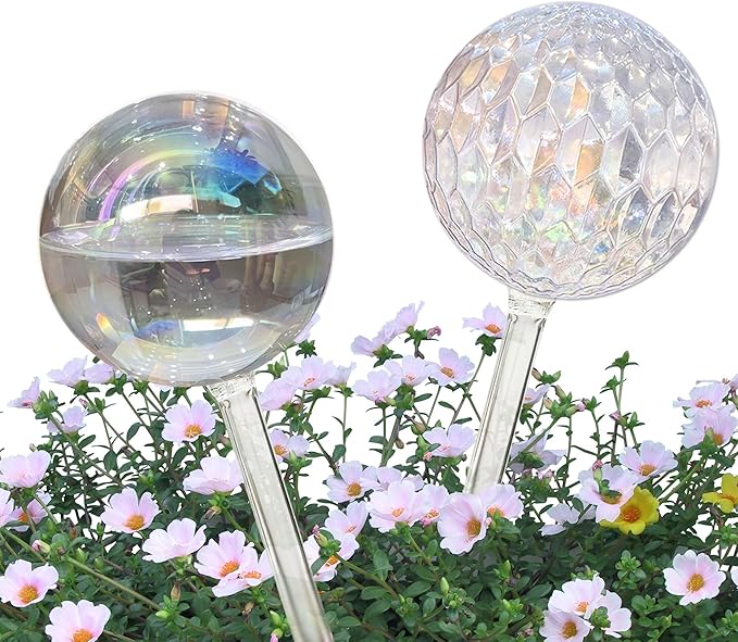 Glass Plant Watering Globes, Water Plants While Away Slow Self Watering Planter Insert Bulbs for Outdoor Indoor Plants, Vacation Plant Watering System Devices (Iridescent Medium 2-Pack)