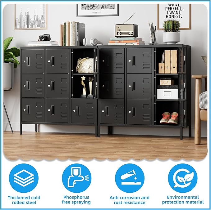 METAN Metal Locker with Padlock and Keys for School Office Gym Bedroom, 9 Doors Black Steel Storage Locker Cabinet for Employees Industrial Storage,Assembly Required