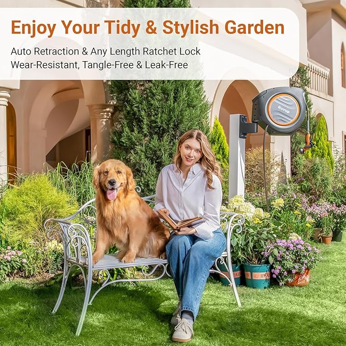 Ruvup Retractable Garden Hose Reel,1/2in x 150ft Water Hose Reel with Metal Bracket, UV Resistant Automatic Hose Reel Wall Mount for Outside, Slow Retraction Any Length Lock 10 Spray Nozzle